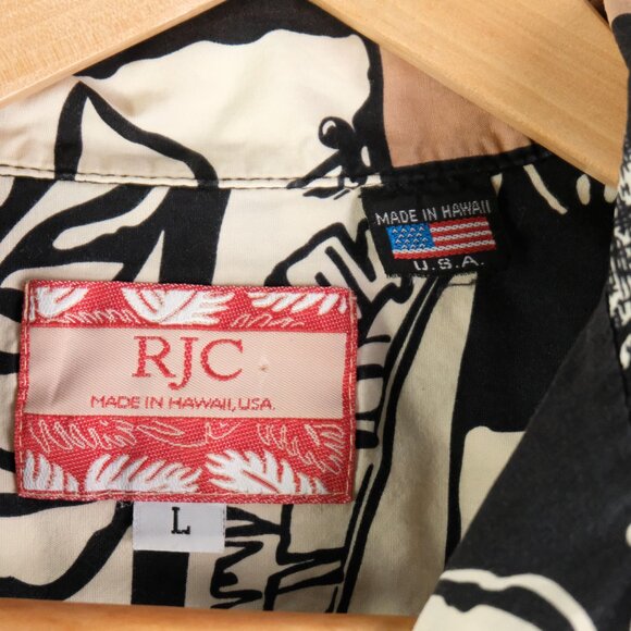 RJC Hawaiian Shirt Mens Large Black Brown Floral Geometric Button Up Cotton Camp - Picture 6 of 7
